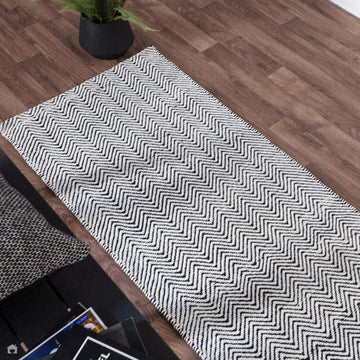Ives Modern Geometric Chevron Zigzag Hand-Woven Jute&Cotton Durable Textured Soft-Touch Flatweave White/Black Runner-Asiatic Carpets-Rug Love - The Most Loved Rug Store
